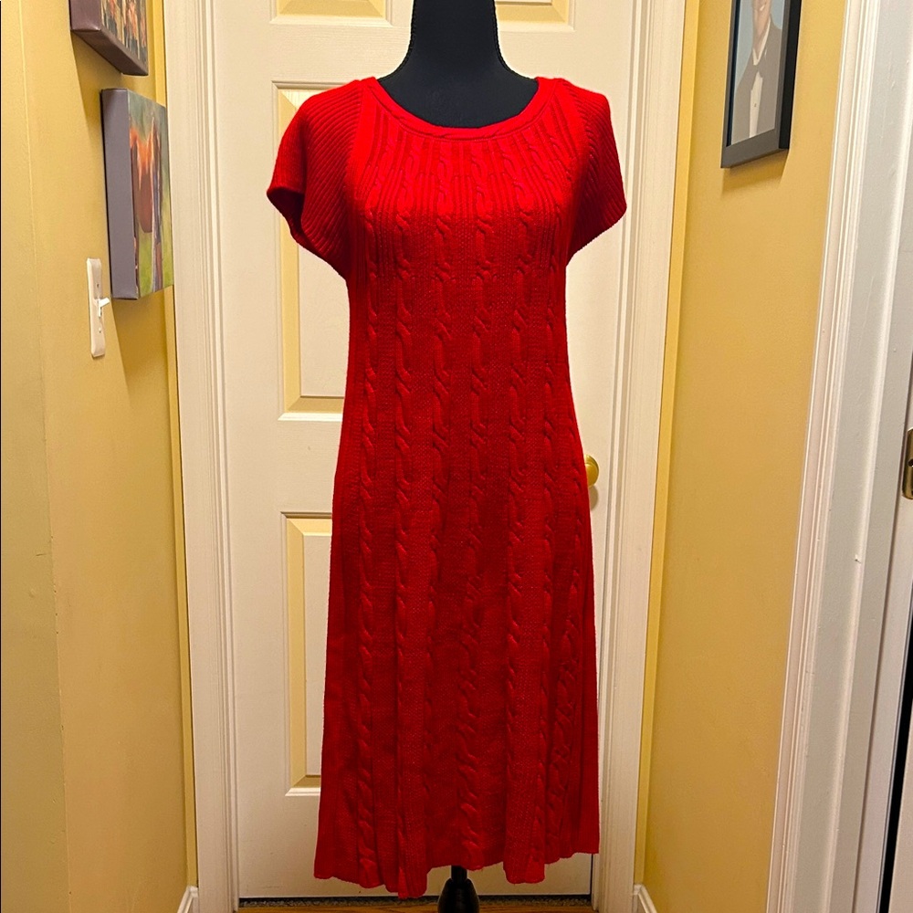 Calvin Klein Red Cable Knit Sweater Midi Dress